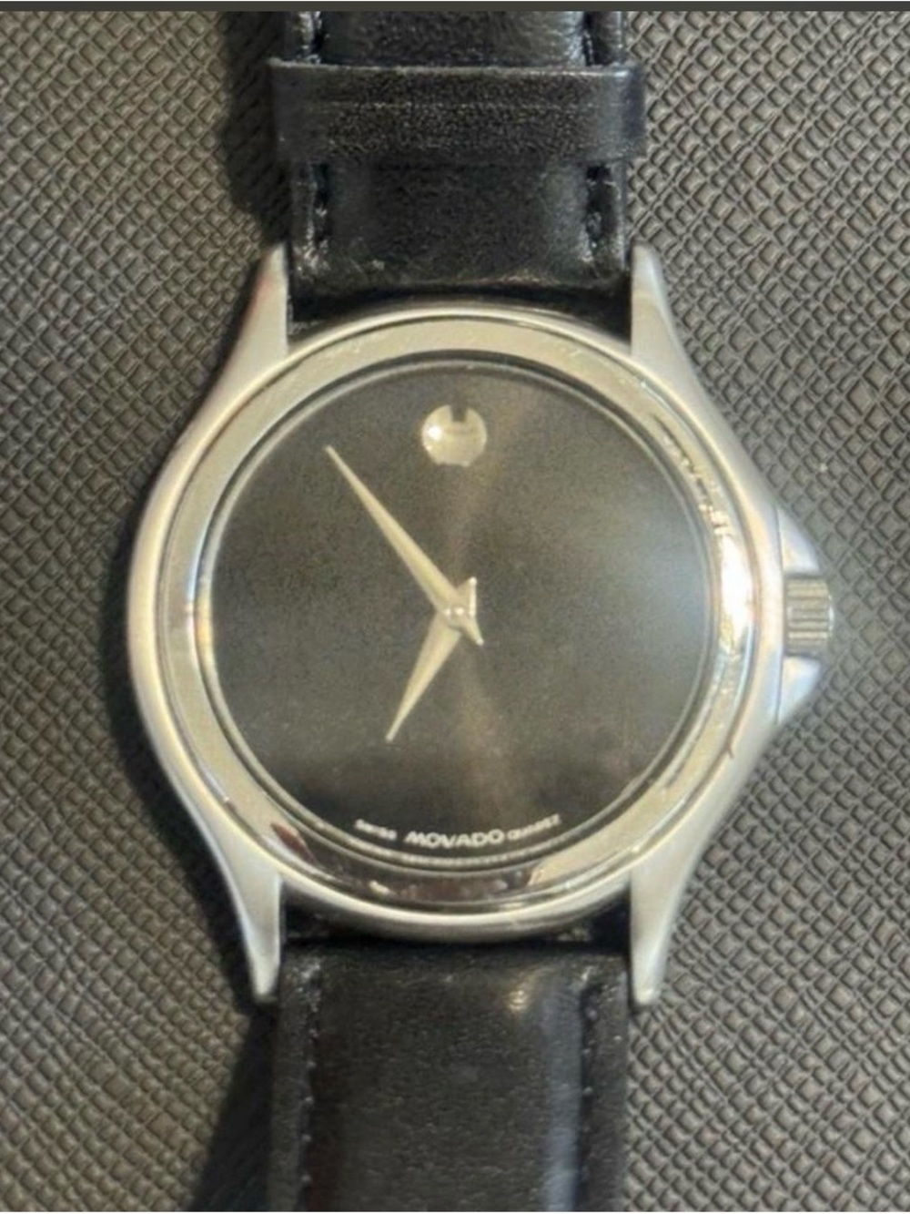 Movado  Museum Silver Case Watch with Black Leather Strap